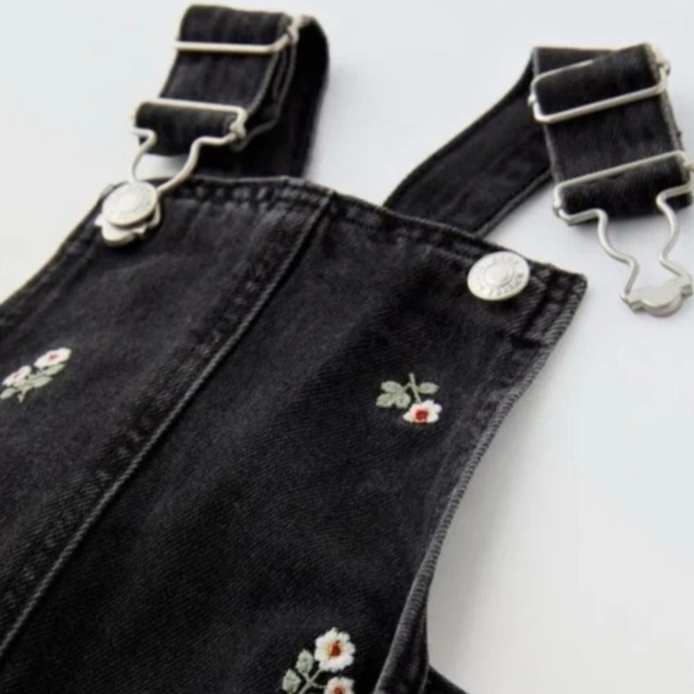 Zara Black Kids Overalls with Floral Embroidery